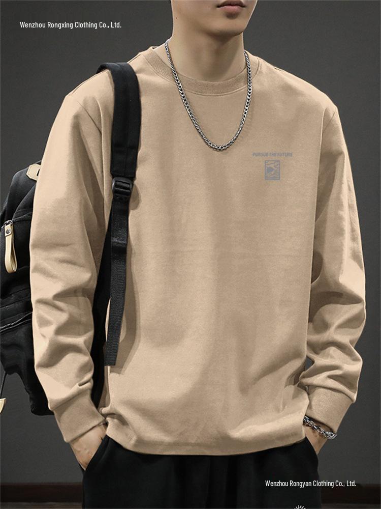 Autorización: Camiseta Base de Algodón Pesado de Manga Larga para Hombre Otoño 2025, Sudadera de Cuello Redondo de Corte Holgado