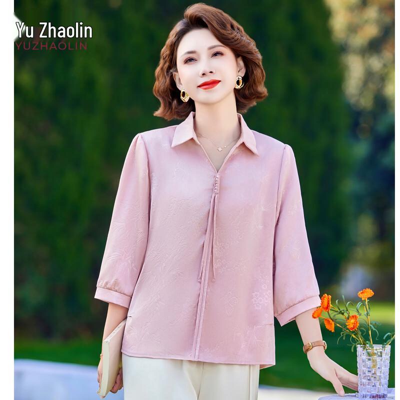 

YUZHAOLIN New Chinese Style Lapel Seven-Quarter Sleeve Summer Blouse for Middle-Aged Women 4XL