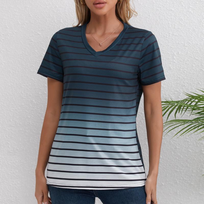 New summer women s pullover top, fashionable striped print V-neck short-sleeve casual women s t-shirt S чёрный