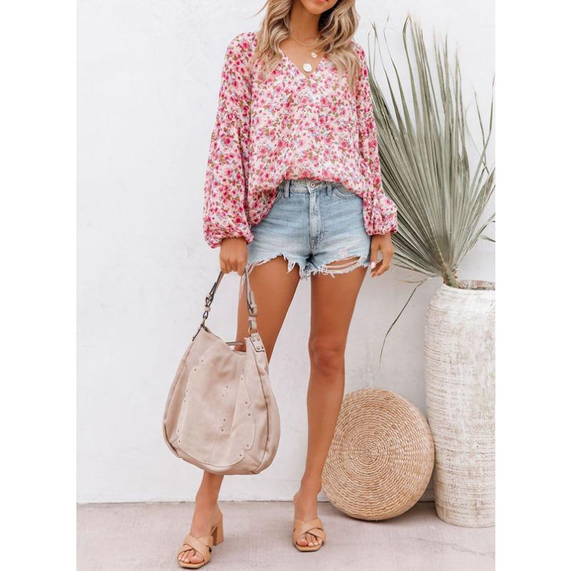 YYFS Women's Fashion Casual Spring Autumn Flower Pattern Print Long Sleeve V-Neck Blouses & Shirts