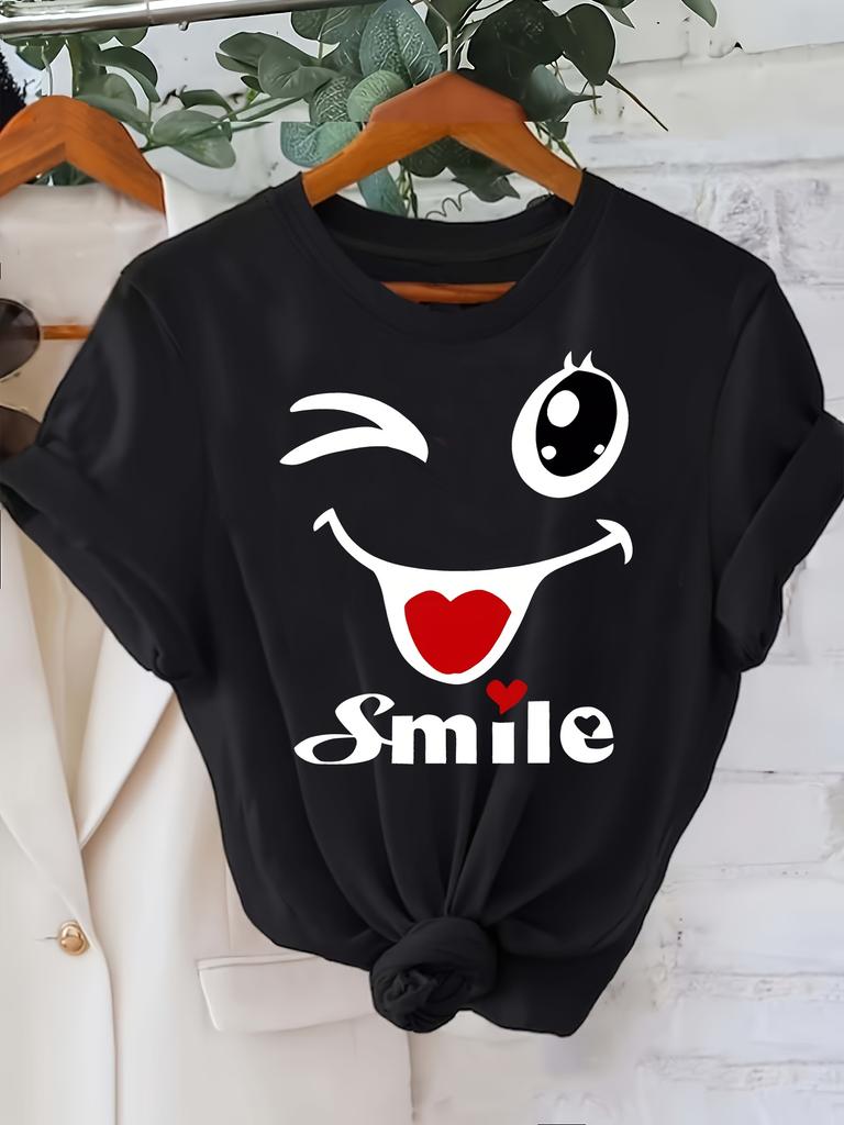 Women's Y2K Style joyful Face Graphic T-Shirt Casual Short Sleeve Crew Neck Perfect for Casual Attire Cute T Shirts