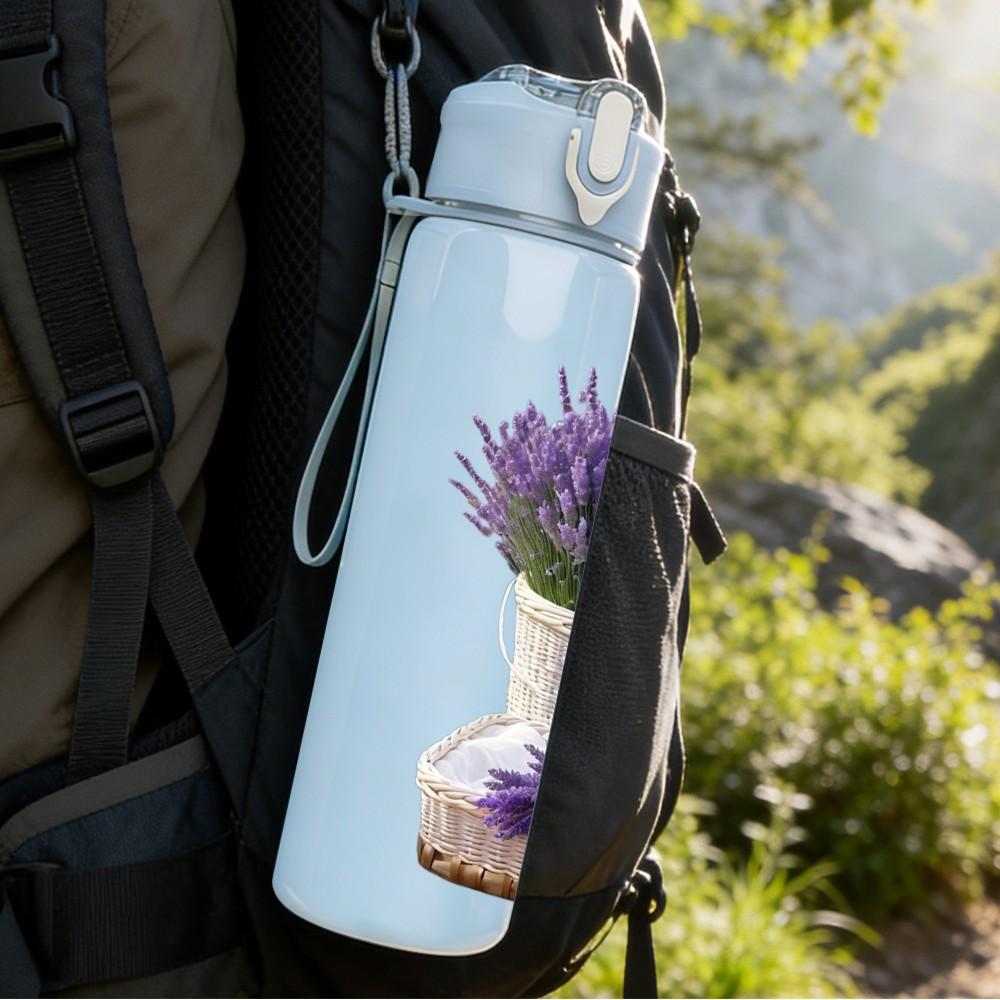 1PC Purple Lavender Potted Plant Print 750ml Color Plastic Sports Water Bottle Leakproof Flip Straw Lid Suitable for Sports Office Home Use