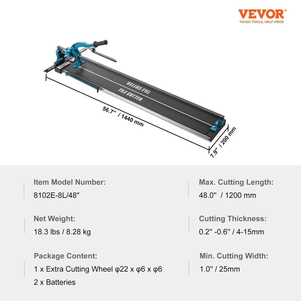 VEVOR Manual Tile Cutter, 1200mm, Porcelain Ceramic Tile Cutter with Tungsten Carbide Cutting Wheel, Infrared Positioning, Anti-Skid Feet