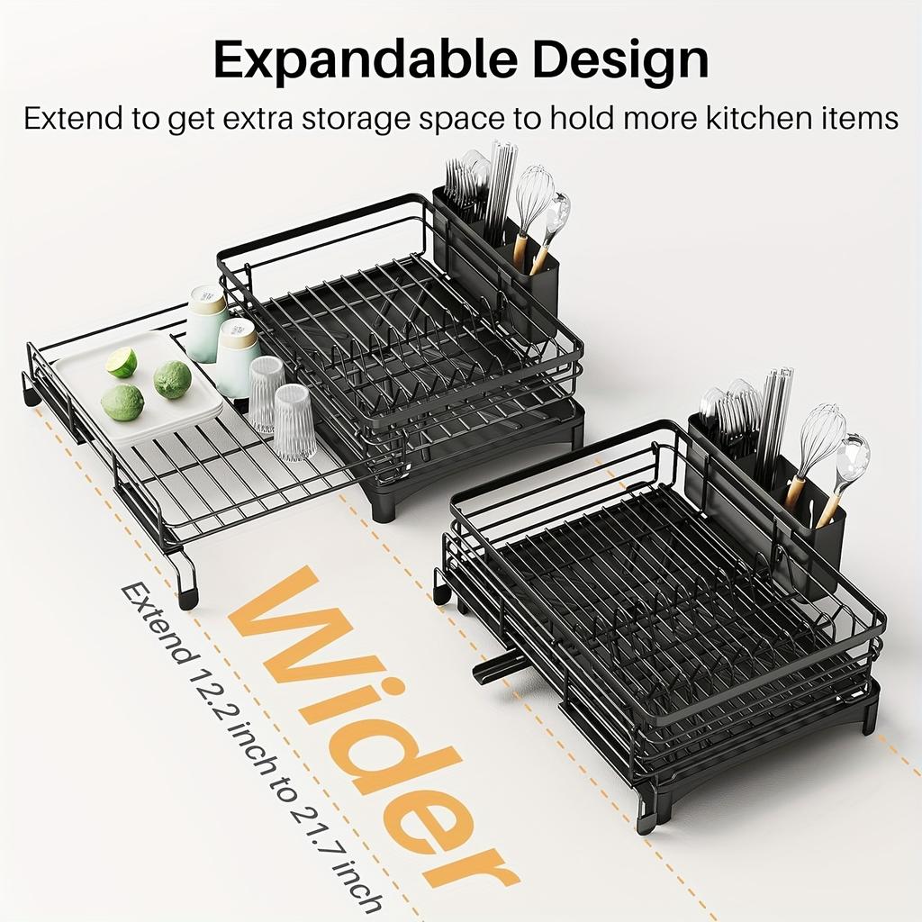 Expandable 2-in-1 Dishware Drain Rac-Space Saving,Rust Proof Metal Dishware Drain Rack with Pot Slot,Dish Rack and Drain Board, Kitchen Sink Finishing