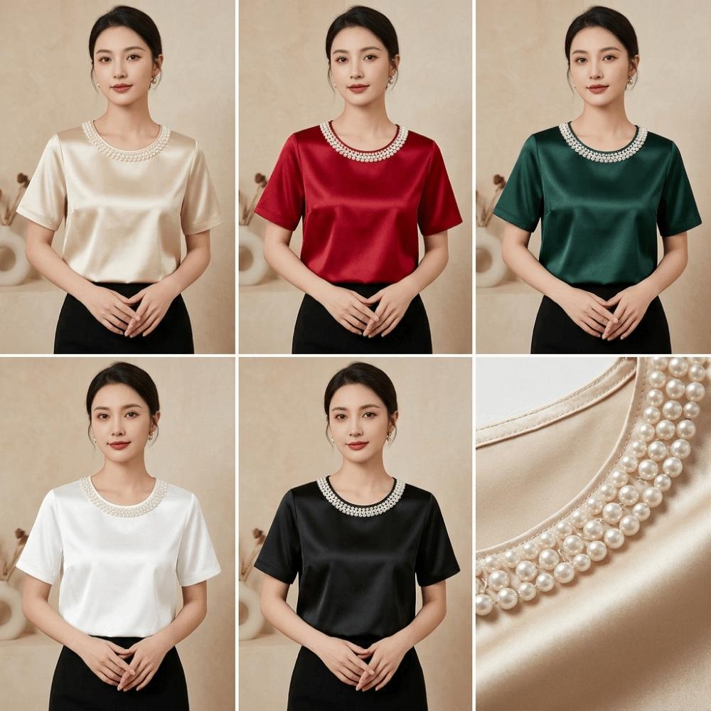 Elegantes Perlenkragen-T-Shirt Locker Damenoberteil Bequemes Satinseiden-T-Shirt Bürokleid