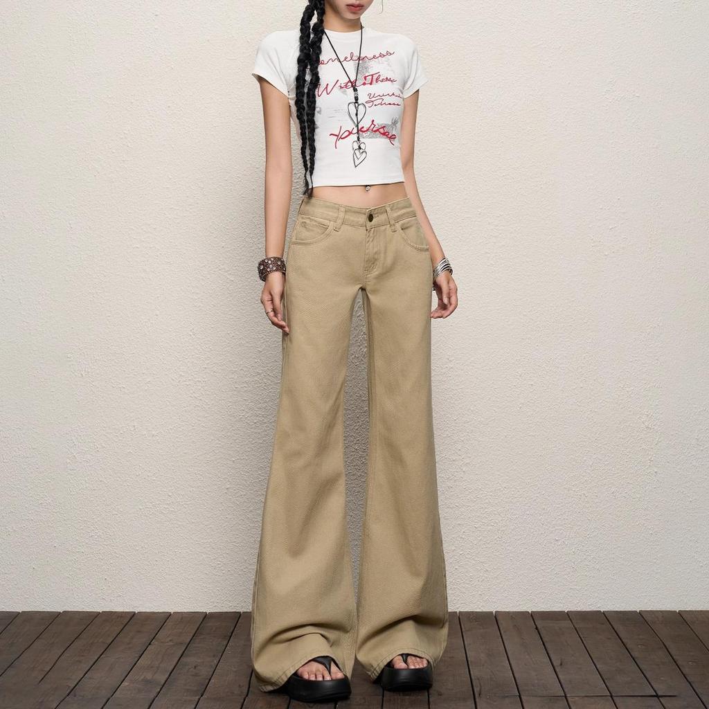 Women's Retro Khaki Low-Waisted Micro-Flare Jeans for Summer/Fall 2025