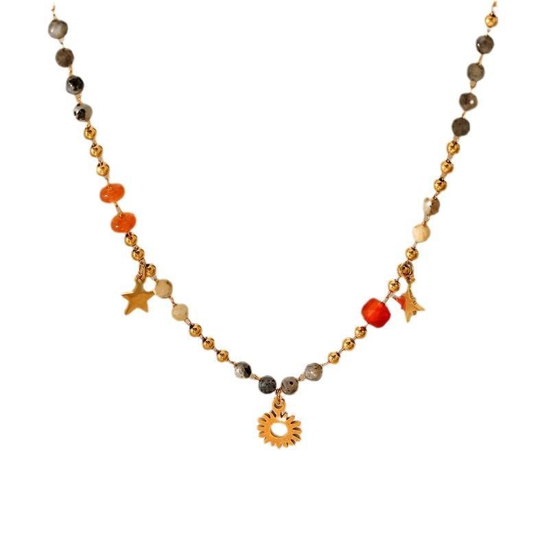 Colorful Natural Stone Titanium Steel Pendant Necklace Women Multi Layer Fashion Chain Collarbone Jewelry Gift