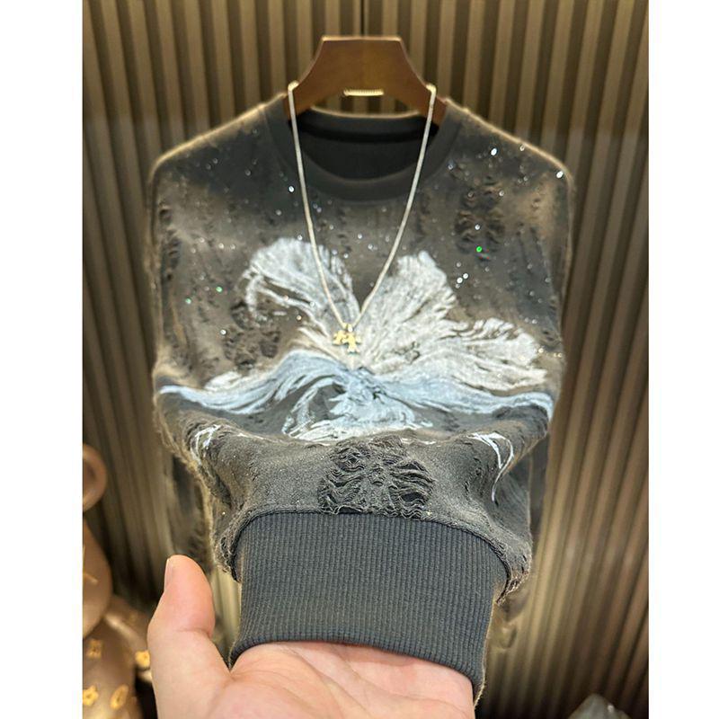 

Men s Starry Sky Rhinestone Ripped Hoodie - Autumn 2025 Long Sleeve Round Neck Casual XL