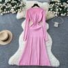 French Small Fragrant Style High-end Metal Buckle Waist Dress Women's Autumn Thin Temperament Hollow Knitted Long Dress