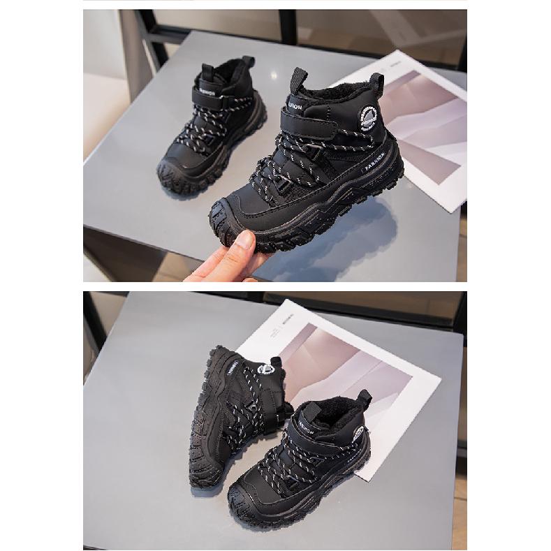 Children's Shoes with Fleece Lining, Mid-Top Sports Shoes, Winter New Style, Girls' Soft Sole, Double Cotton Casual Shoes, Boys' Running Shoes