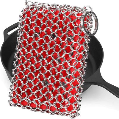 Gietijzeren Koekenpan Reiniger, 316 Roestvrijstalen Kettingmail Reinigingsschuurspons met Siliconen Inzetstuk voor het Reinigen van Gietijzeren Pan