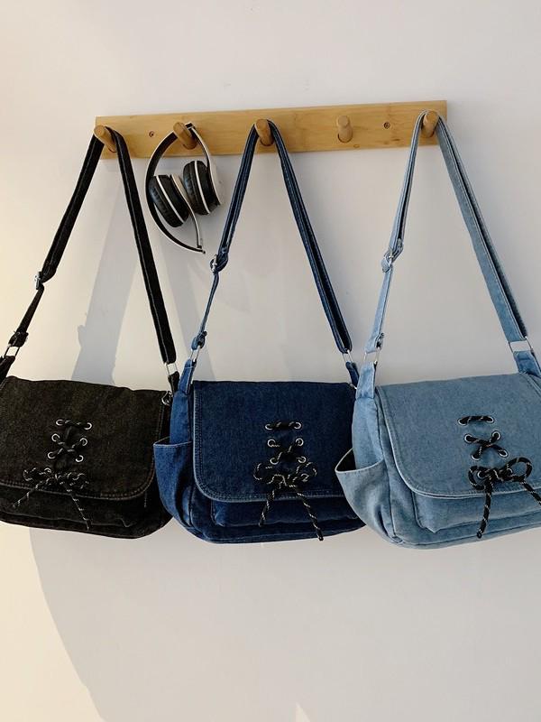 Korean Style Denim One-Shoulder Bag with Drawstring, Large Capacity Crossbody for School and Travel