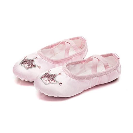 1 Pair Girls Ballet Shoes Soft Sequin Crown Pattern Anti-skid Bottom Elastic Band Faux Silk Toddler Big Kid Children