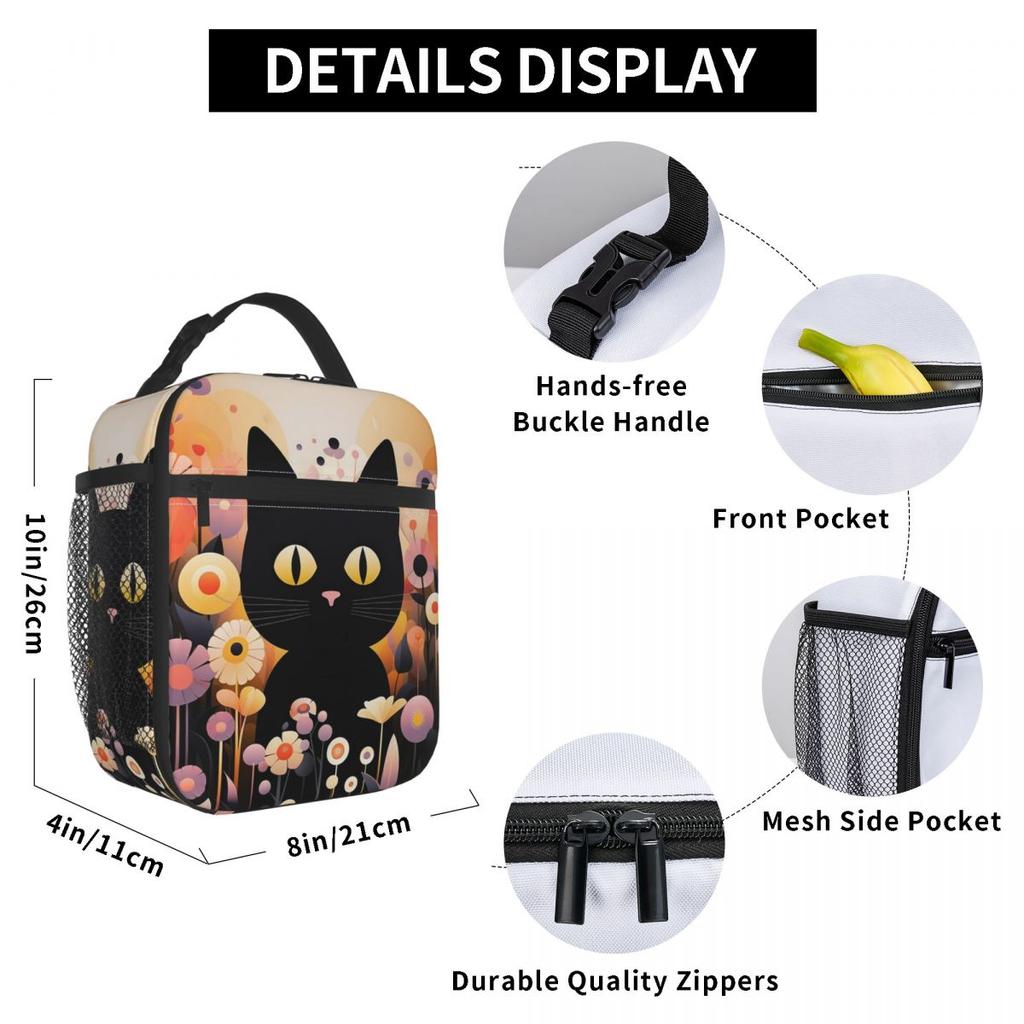 Black Cat In Flower Bushes Insulated Lunch Bag for Kids School Cooler Thermal Food Box Tote Portable Lunch Boxes Container