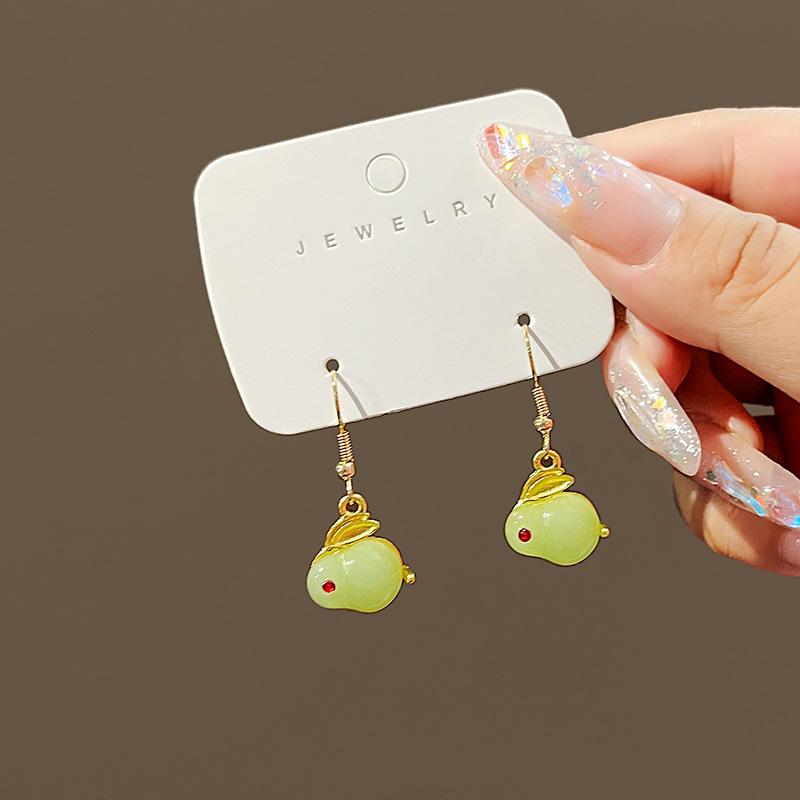 Zodiac Imitation Hetian Jade Rabbit Stud Earrings, Long Hairball Earrings With Antique Diamond Design