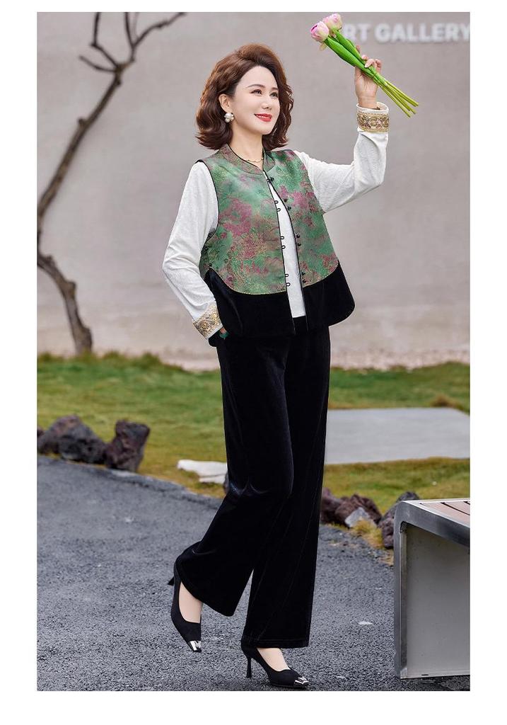 Elegant Spring/Autumn Three-Piece Set: Stylish Chinese-Style Vest & Top for Middle-Aged Women