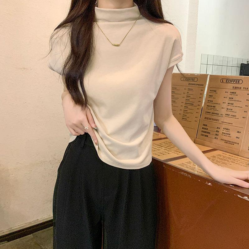 

Летняя новая дизайнерская однотонная футболка с полуводолазкой для женщин, которая поможет им выглядеть стройнее и выглядеть моложе, в стиле Гонконга, в простом элегантном стиле, с низом и верхом XL