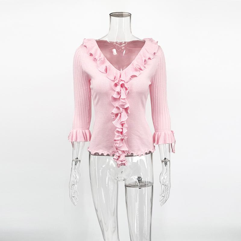 

2026 Summer Sweater Women Pink V-Neck Ruffles Tops Sweater Pullover Streetwear Slim Sweater T shirt Vacation Tops S
