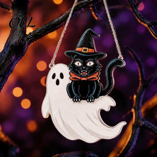 Retro Farmhouse Home Accents Halloween Wooden Door Hanging Sign, Black Cat Bat Pumpkin Wall Plaque with Wings Party Decoration Jute Rope, Front Porch