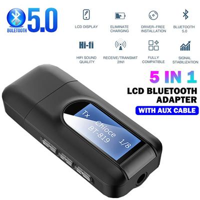 משדר מקלט שמע נייד 5 ב-1 USB בלוטות' 5.0 תצוגת LCD 3.5 מ"מ עם כבל AUX דונגל מתאם אלחוטי סטריאו HiFi