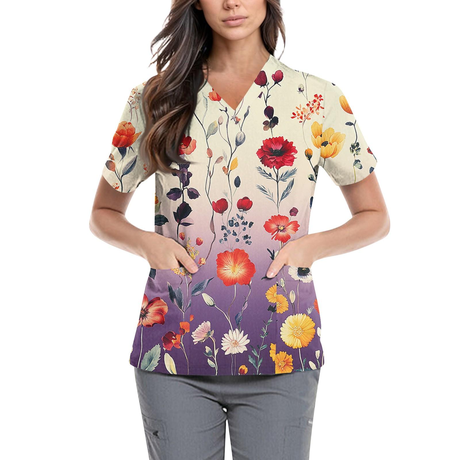 

Женская симпатичная принтованная рабочая одежда с V-образным вырезом, двухслойными карманами, базовым коротким рукавом, пуловером ко Дню святого Валентина S