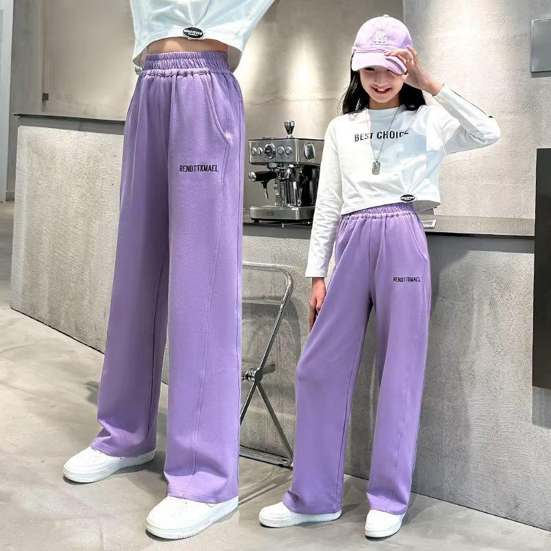 2023 New Style Girls' Velvet-Lined Wide-Leg Sports Pants for Spring and Autumn