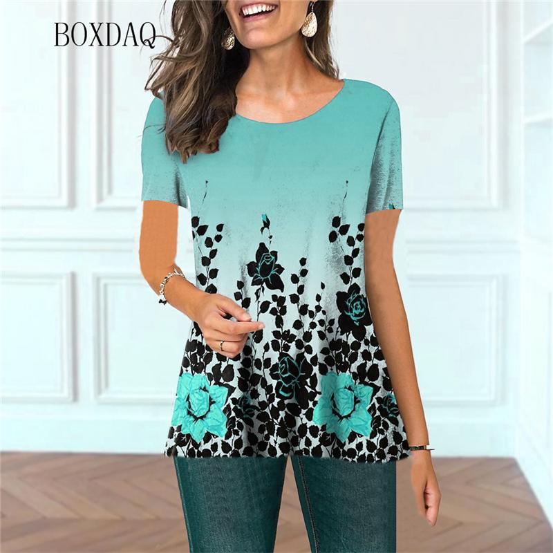 3D Floral Printed Women Casual T-shirts Short Sleeve Summer Street Gradient Ladies T Shirt Flower Graphic Round-Neck Female Tops