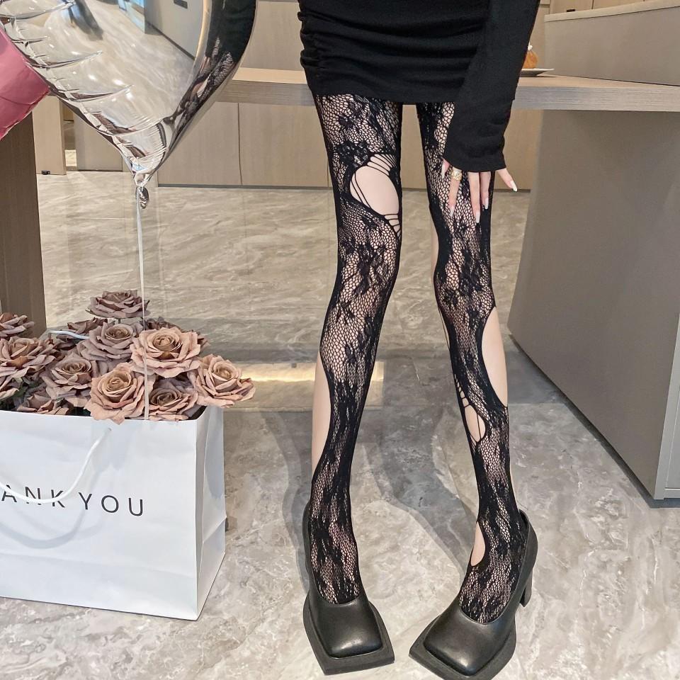 Ripped Ripped Pantyhose Hollow Fishnet Roses Millennial Babes Tide Personality Asymmetrical Design Black Silk