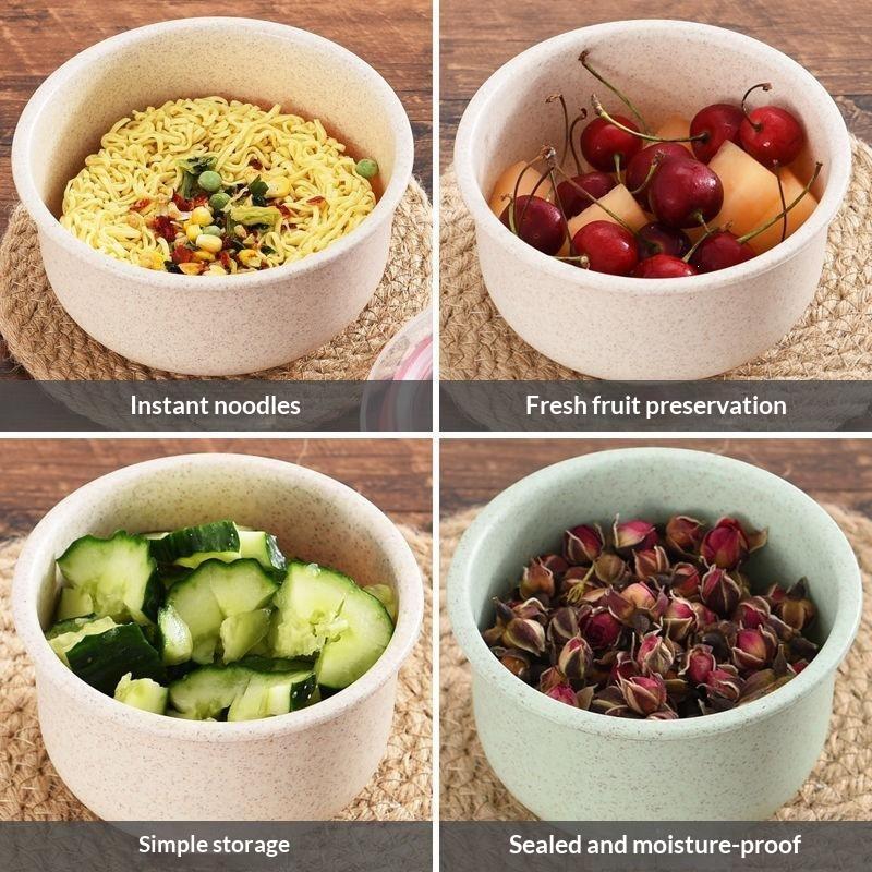 3Pcs Wheat Straw Fresh-Keeping Bowl Three-Piece Set With Lid For Home Microwaveable Plastic Round Lunch Box