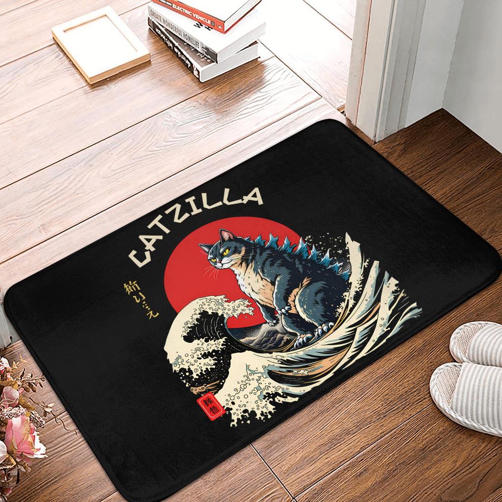 Funny Catzilla Cat Japanese Art Front Door Mat Anti-Slip Indoor Quick Dry Doormat Living Room Entrance Rug Carpet