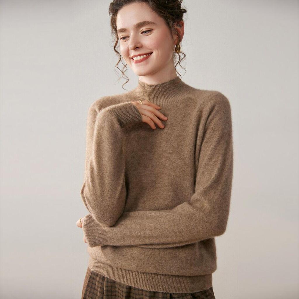 Women's Classic Cashmere Half-High Neck Knit Sweater - Thick, Warm, and Loose Fitting Base Layer Top