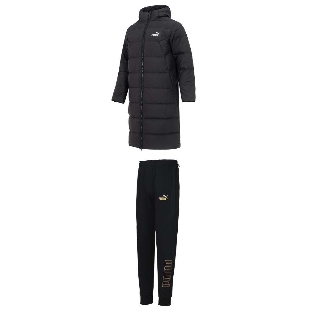 Puma Logo Hooded Long Top Knit Cuffed Mid-Waist Long Pants Casual Sports Set Men Sets Black 672435+848257