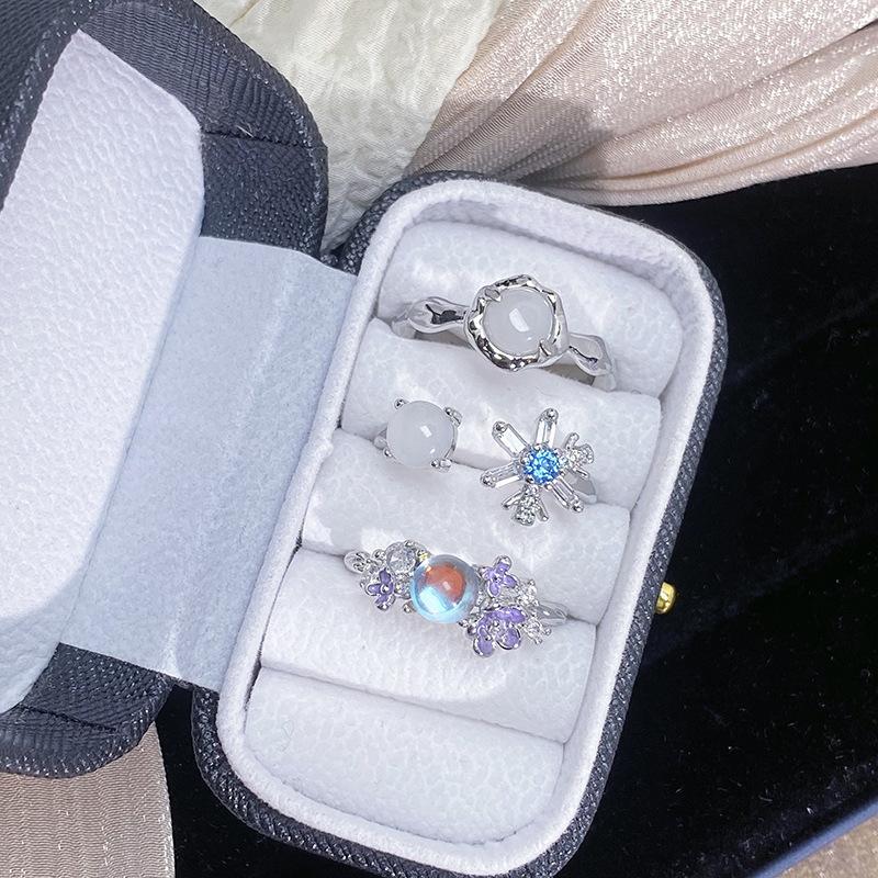 Cold Moonstone Snowflake Opening Ring Niche High-End Women'S Fashion Personality Light Luxury Ring