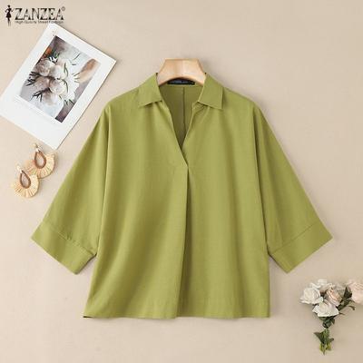 Damen Sommer V-Ausschnitt Lässig 3/4 Ärmel Bluse