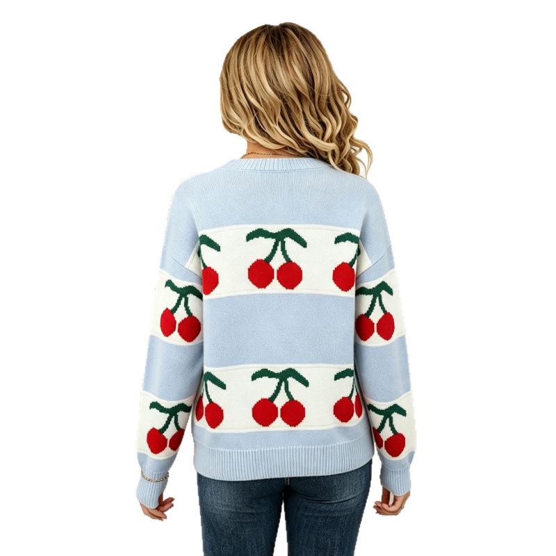 Autumn/Winter 2026 Cherry Jacquard Festive Knit Sweater - European Style Women's Pullover