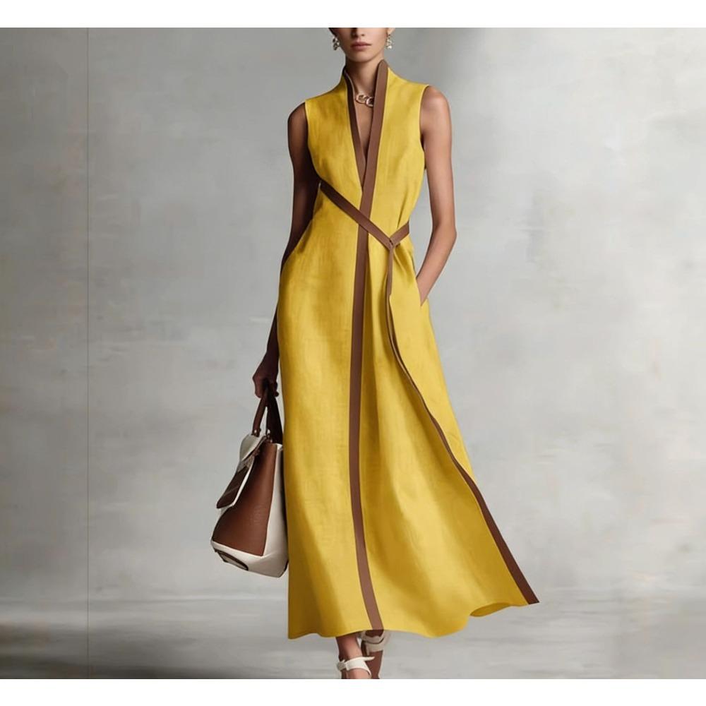 European and American summer stand-up collar sleeveless casual contrasting color loose dress