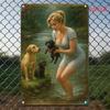 Vintage 2D Metal Sign Woman Holding Wet Dog by River 8x12 Inch Retro Wall Decor for Home Cafe Garage