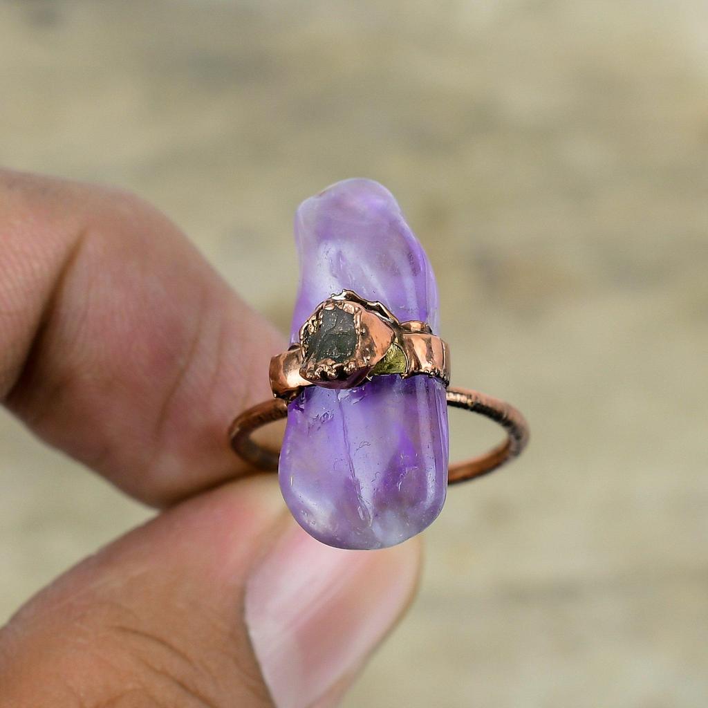 Star Amethyst Ring Electroformed Copper Ring Adjustable Rings Green Tourmaline Rough Gemstone Jewelry Handmade Ring Copper Jewelry For Gifts