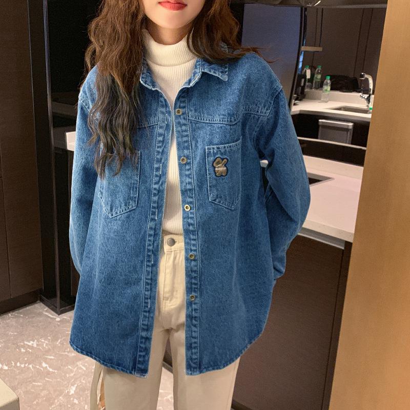 Women's Korean Style Bear Embroidery Soft Denim Shirt Jacket - Thick Material, New Design