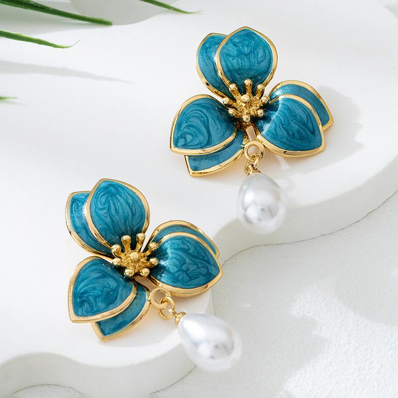 Simple Oil-Infused Flower Earrings And Necklace Set - Casual Jewelry Set For Women