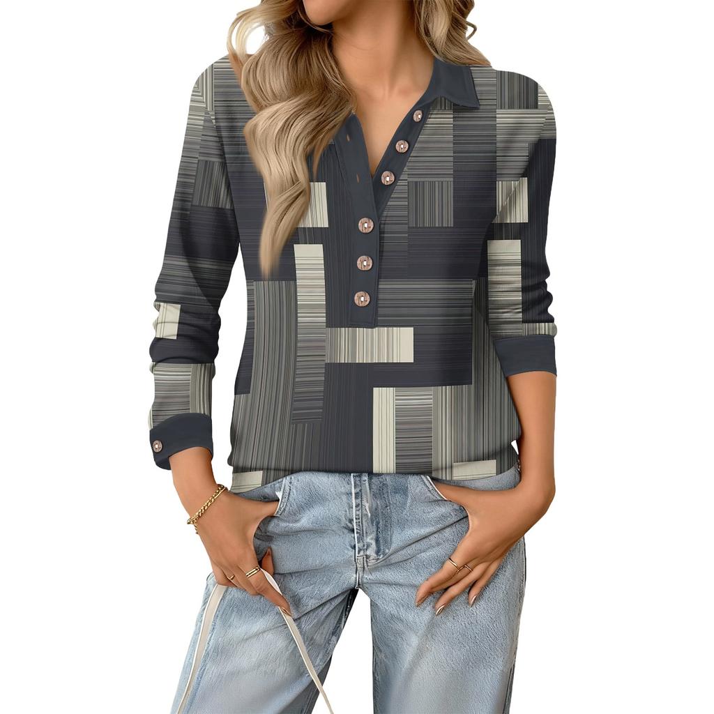 Women's Retro Street Lazy V,neck Long Sleeve Button Plaid Print Pullover Top