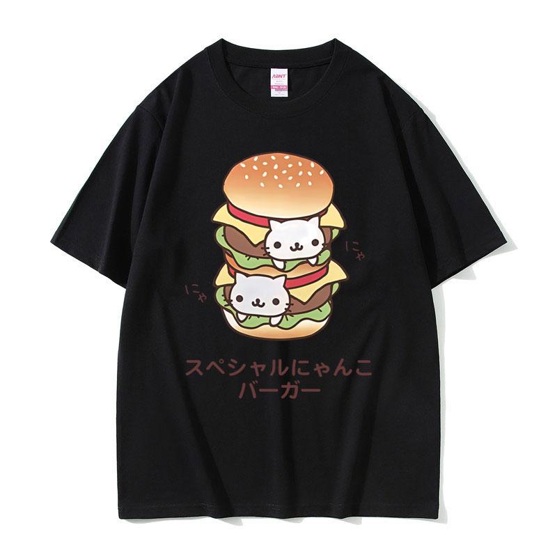 Nyan Nyan Nyanko Cat Double Hamburger Funny Meme Tshirt Unisex Unisex Fashion Oversized T Shirts Male Casual Cotton Crewneck Tshirt