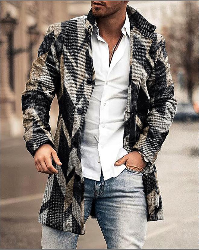 Men's Woolen Mid-Length Digital Print Coat - Autumn/Winter Collection