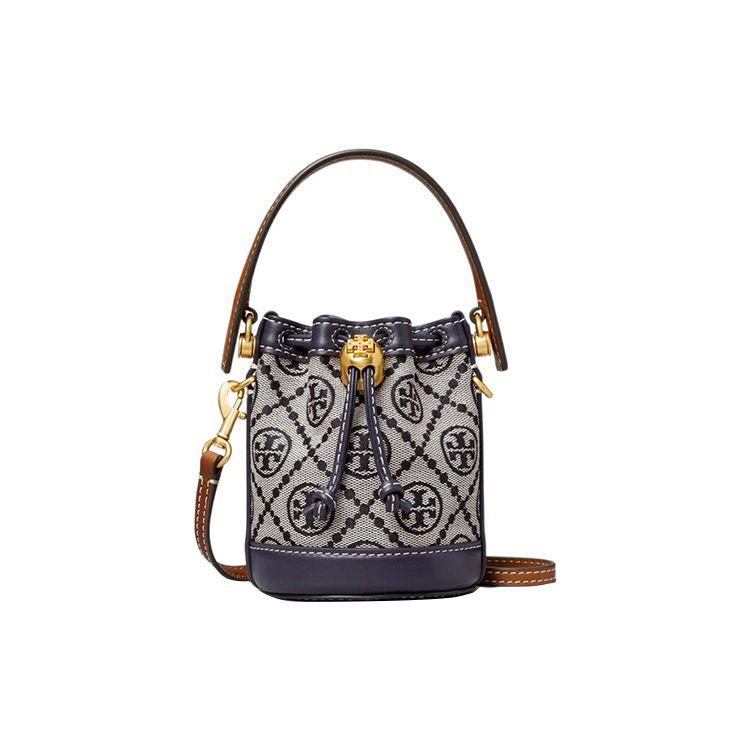 Tory Burch Women's Blue T Monogram Double T Logo Jacquard Detachable Shoulder Strap Tote Bag Shopping Bag Crossbody Handbag Mini Tote Navy- 146866-405