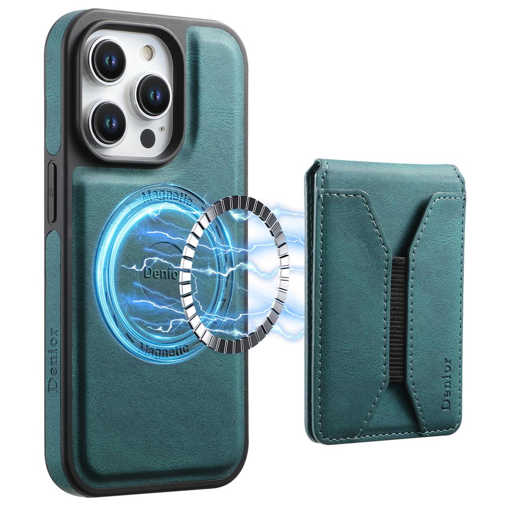 DENIOR D17 For iPhone 15 Pro Magnetic Case Leather Back Cover Detachable Card Bag Kickstand