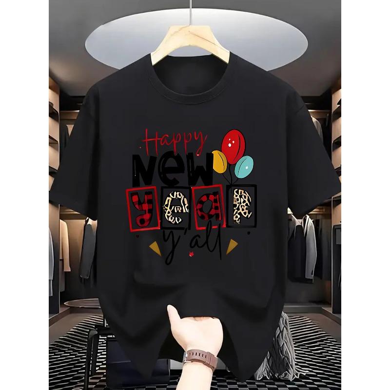 

European sizes Happy New Year T-Shirt for Men - Casual Crew Neck, Print Polyester, Slight Stretch, Regular Fit, Summer Wear 4XL чорний