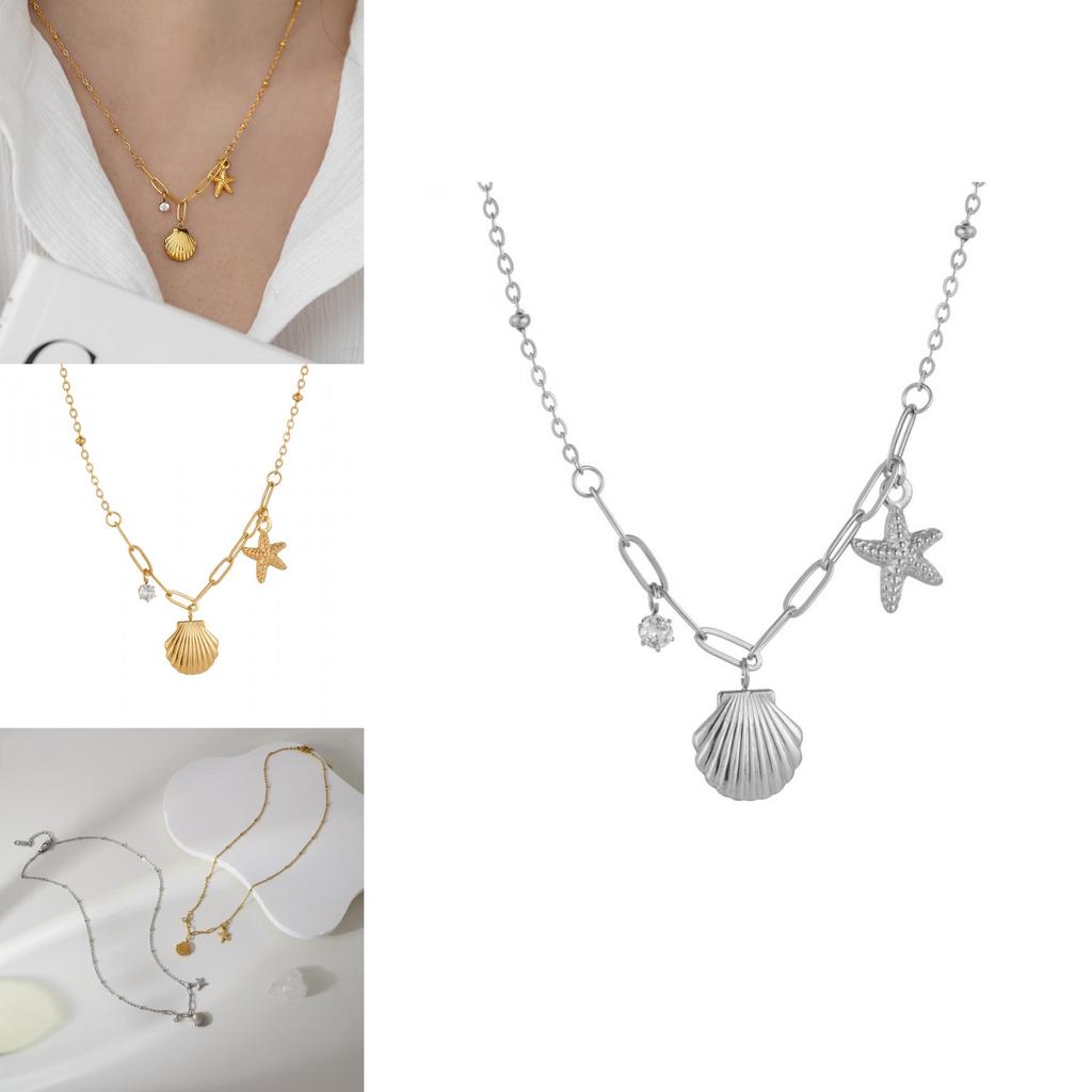 Stunning Gold And Silver Titanium Steel Starfish Shell Pendant Necklace For Women