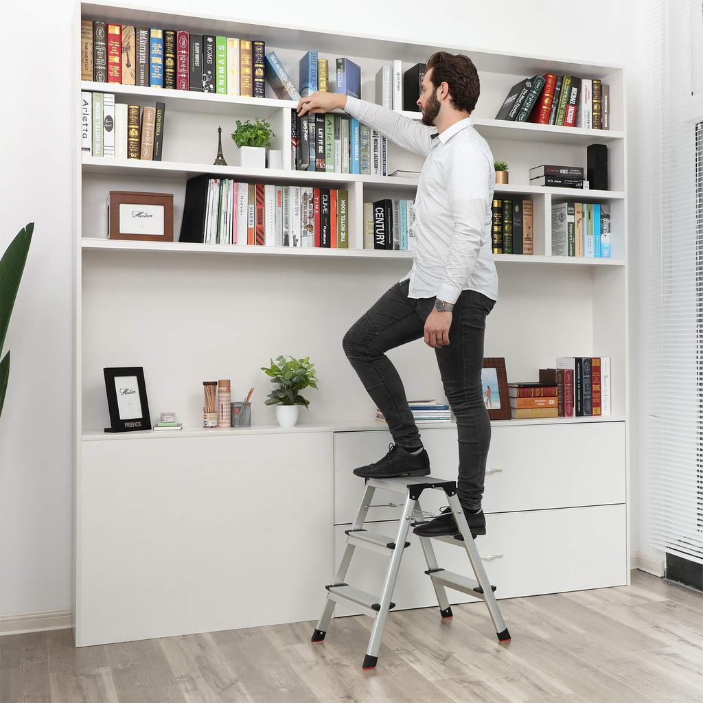SONGMICS Alu Step Ladder, Household Ladder, Light Weight 3 kg, Folding Multi-Purpose Steps on Both Sides 2 x 3 Stages