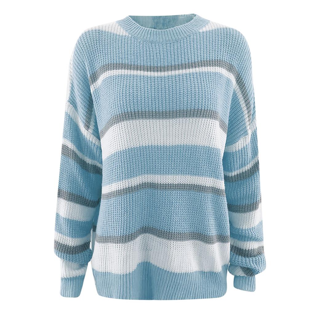 Women's Round Neck Temperament Long Sleeve Color Stripe Loose Sweater