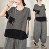 DIMANAF 2026 Plus Size Pants Suits Women Sets Suits Summer Vintage Loose Tops Shirts Long Pants Cotton Linen Casual Black